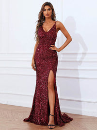 Burgundy Sequin Slit Evening Gown Sparkly V Neck Backless Prom Dress Ms2510116