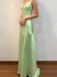 Satin Lace Appliques Prom Dress Backless V Neck Formal Evening Gown Ms2506153