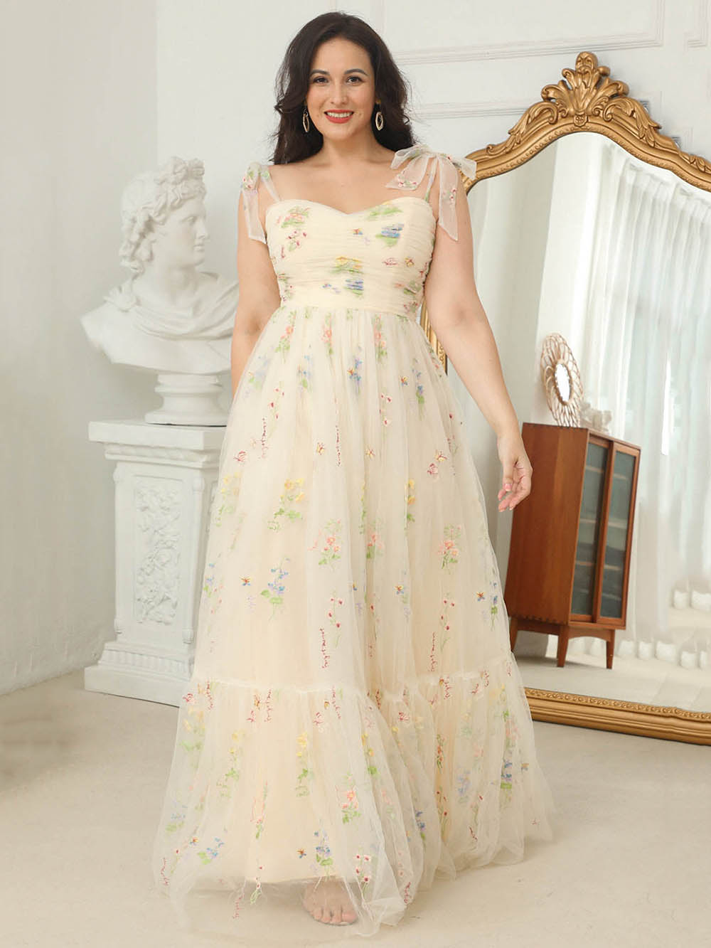 Plus Size Prom Dress A Line Bow Straps Floral Maxi Evening Dress Ms2511211