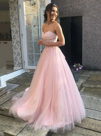 Pink Prom Dress Strapless Lace A Line Tulle Formal Gown Corset Evening Dress Ms2607282