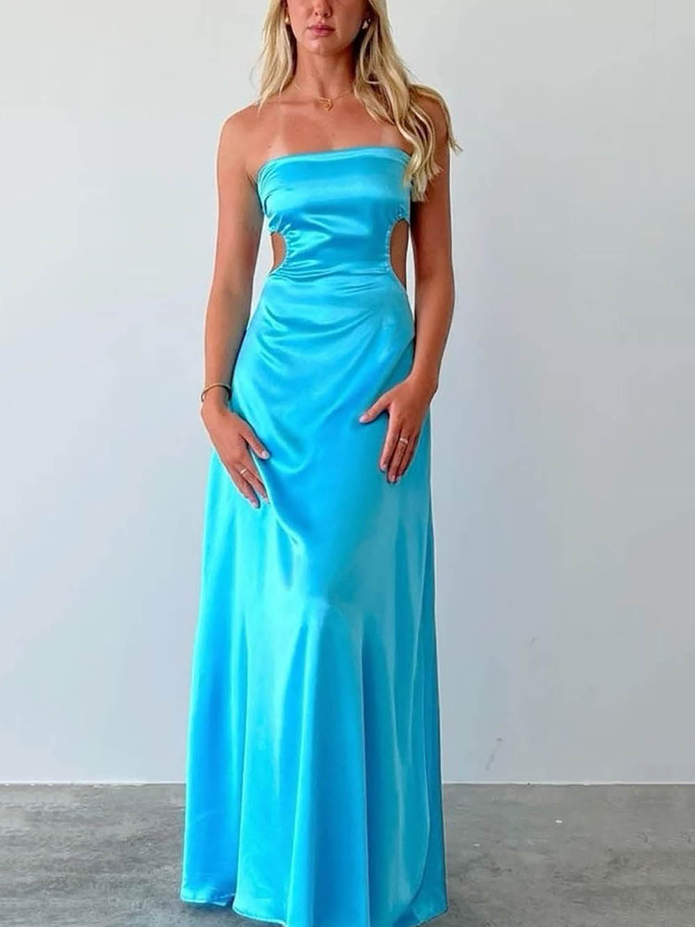 Strapless Satin Prom Dress Cutout Backless A Line Long Women's Formal Evening Dress Ms26090634