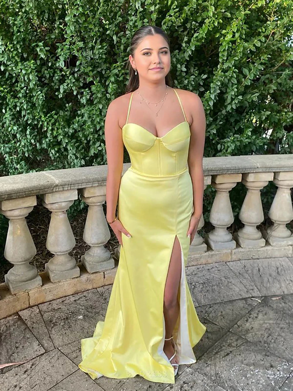 Sexy Slit Bridesmaid Dress Spaghetti Strap Corset Satin Prom Prom Dress Ms2507091