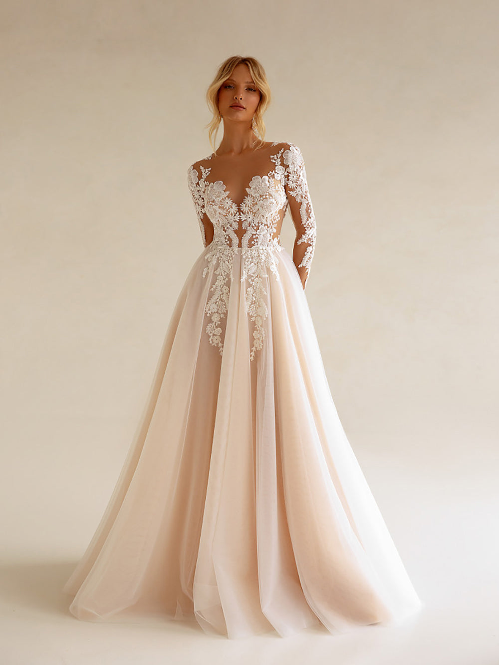 Bohemian Long Sleeve Illusion Lace Wedding Dress See Through Tulle Bridal Dress Ms2505224