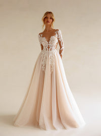 Bohemian Long Sleeve Illusion Lace Wedding Dress See Through Tulle Bridal Dress Ms2505224