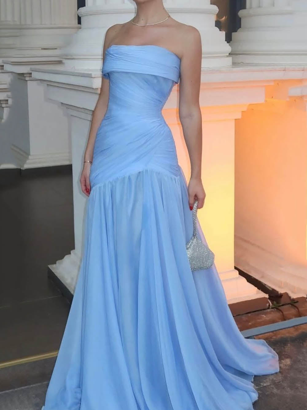 Blue Prom Dress Strapless Ruched Chiffon A Line Long Formal Evening Gowns Ms2609051