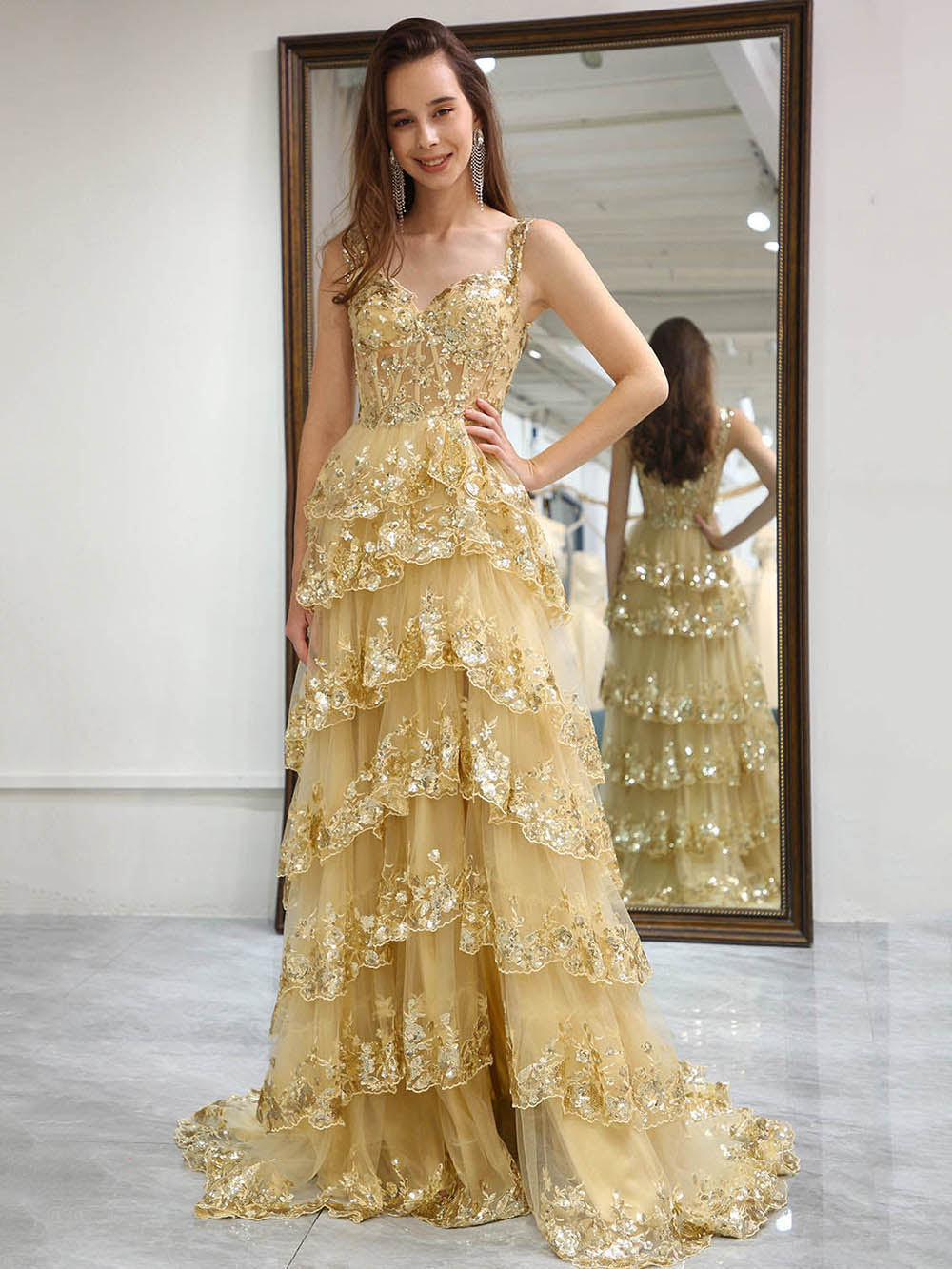 Sparkly Golden Tiered A-Line Long Prom Dress with Lace Evening Dress Ms251063