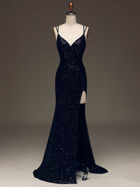 Black Sequin Spaghetti Strap Prom Dress High Slit Sexy Formal Dress Ms2508041