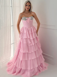 Strapless Prom Dress Corset A Line Sequin Bow Ruffles Tiered Luxury Evening Dress Ms2604023