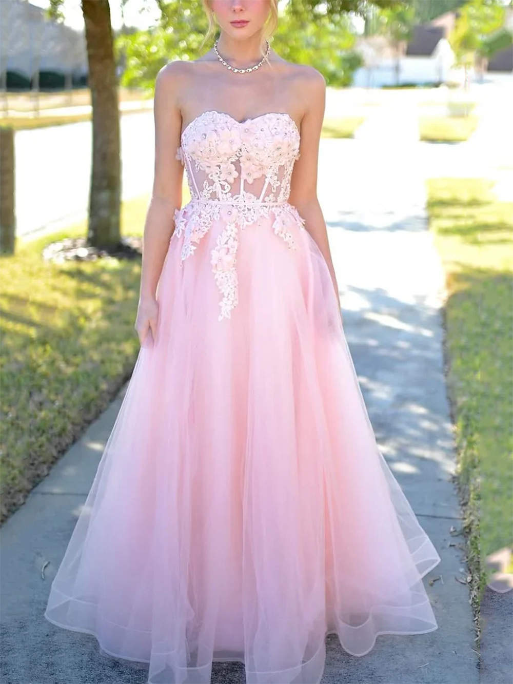 Pink Strapless Prom Dress Lace Applique A Line Evening Gown Ms2508254