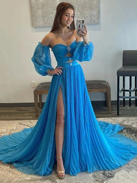 Off Shoulder Chiffon Prom Dress Long Sleeve High Slit A Line Evening Gown with Cutout Ms2606206