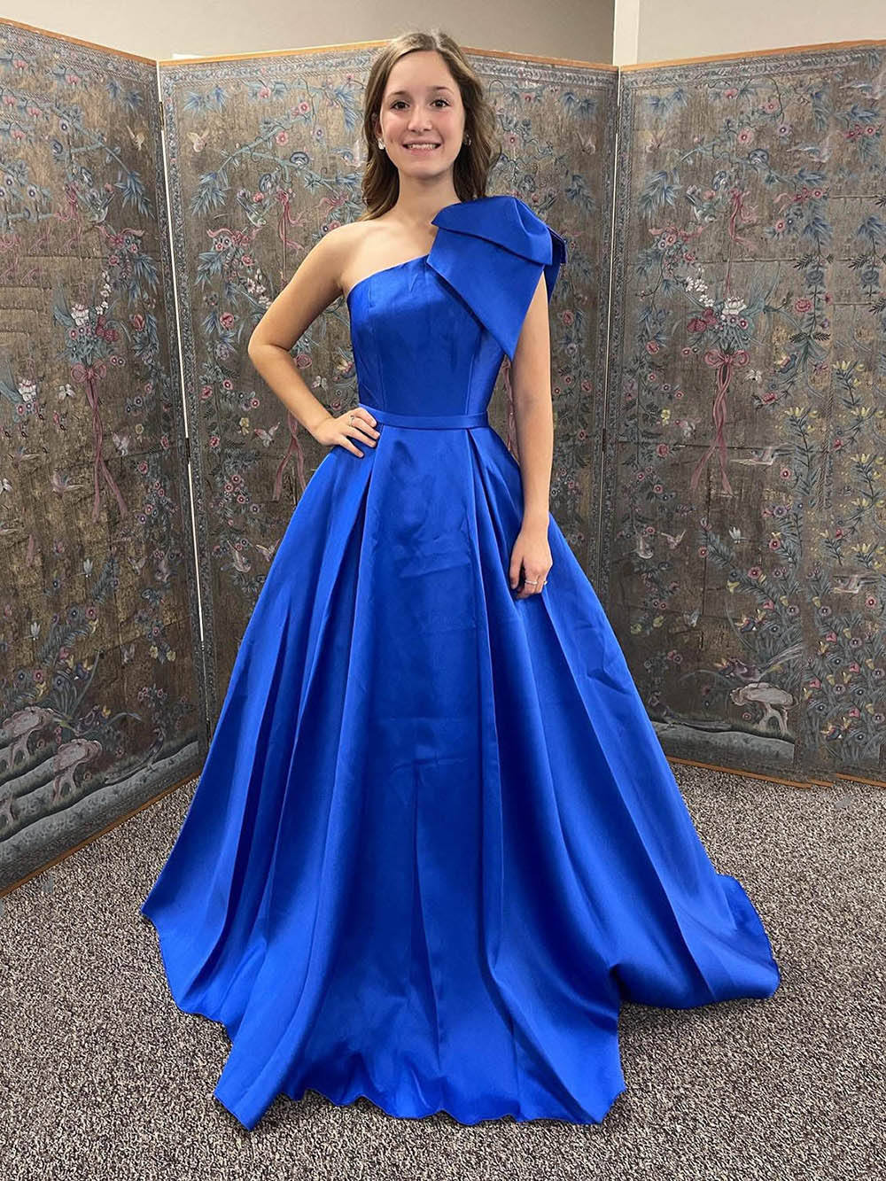 One Shoulder Satin Prom Dress Long Evening Party Dress with Bowknot Ms2510164