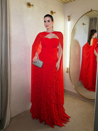 Red Strapless Prom Dress Chiffon Cape Ruffle Tiered Luxury Formal Evening Gowns Ms2606243