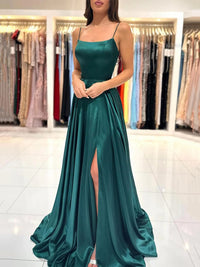 A Line Satin Prom Dress Slit Spaghetti Strap Evening Formal Gown Party Dress Ms263262