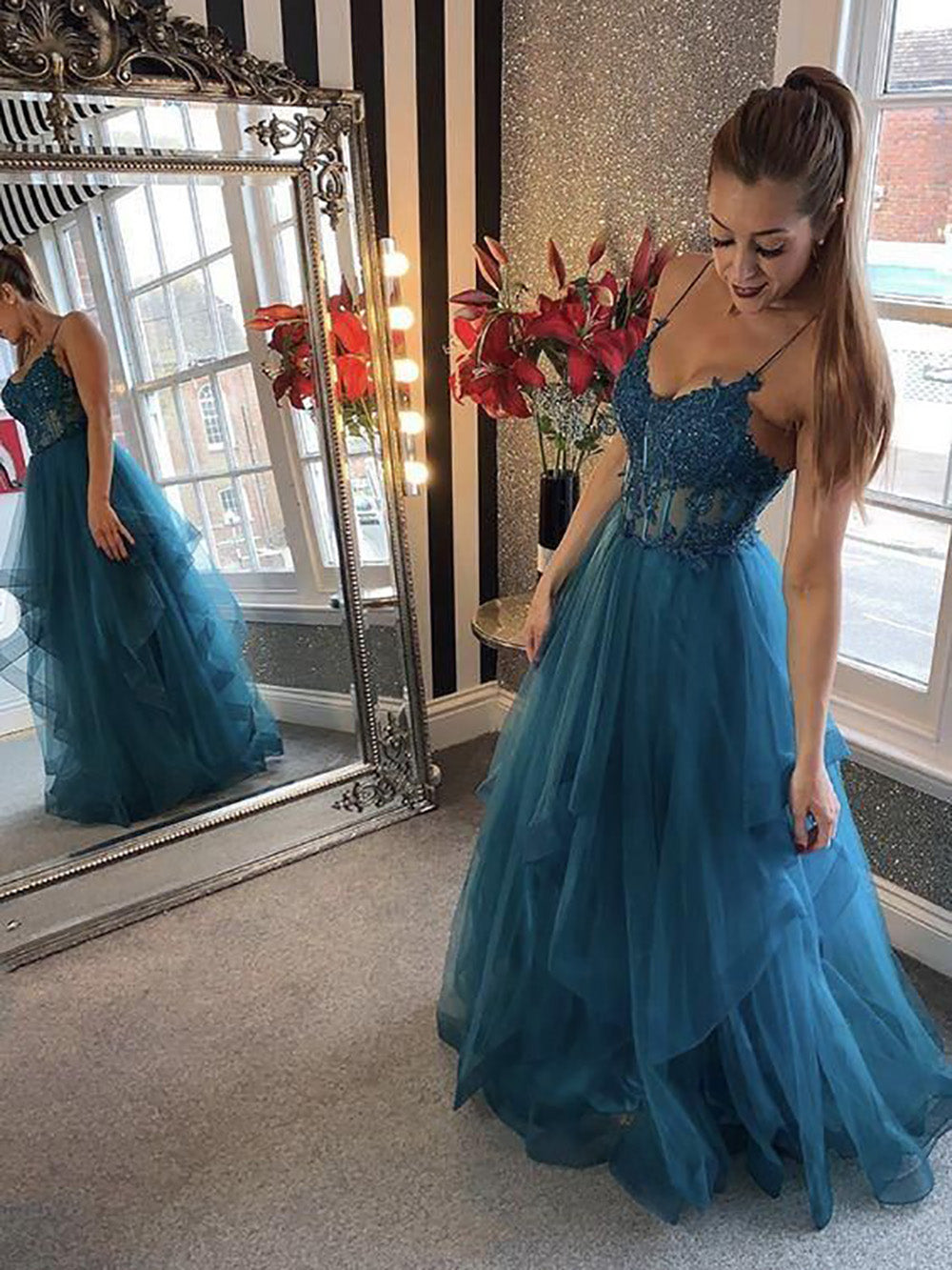 Lace Tulle Evening Gown Corset Layered Skirt Long Prom Dress Ms2506142