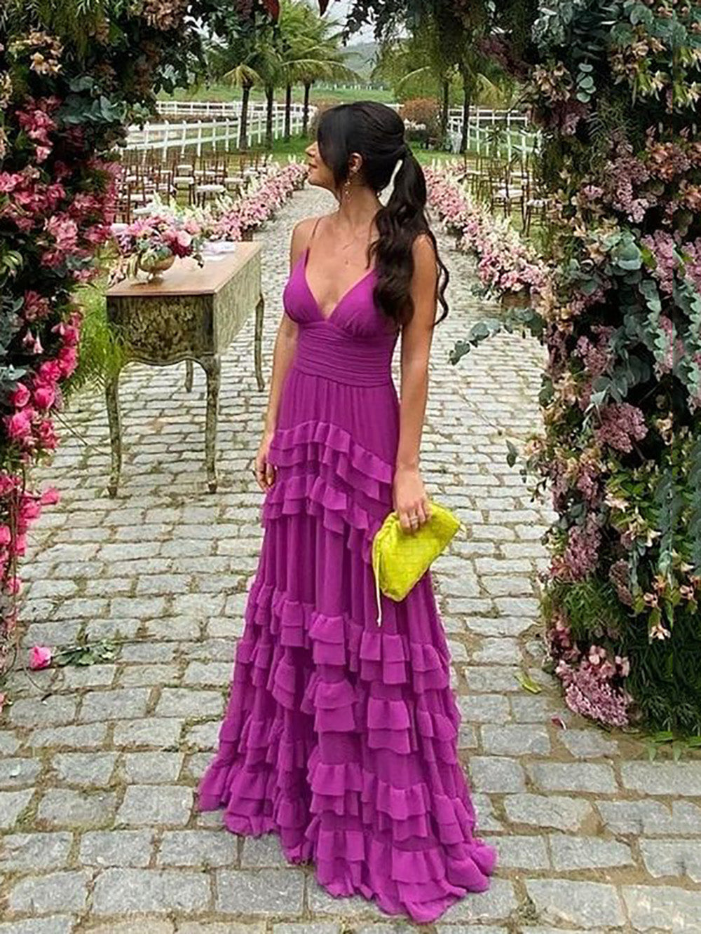 Tiered Evening Gown V-Neck Backless Prom Dress Wedding Guest Dress Ms2 Msikoods Official Store Tiered Evening Gown V-Neck Backless Prom Dress Wedding Guest Dress Ms2 Msikoods Official Store