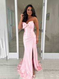 Pink Satin Evening Gown with Bow Corset High Slit Mermaid Prom Dress Ms2601308