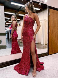 One Shoulder Sequin Prom Dress High Slit Backless Evening Gown Ms2510112