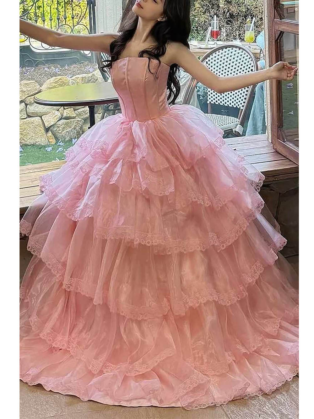 Pink Quinceanera Dress Strapless Corset Ball Gown Layered Ruffles Lace Prom Dress Ms2609211