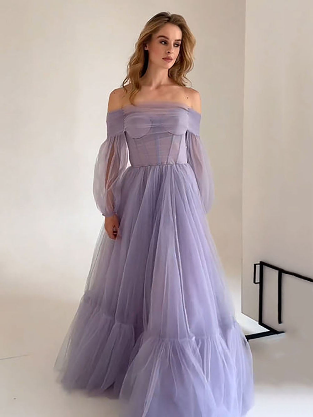 A-Line Tulle Prom Dress Corset Long Sleeve Romantic Evening Dress Ms2601145
