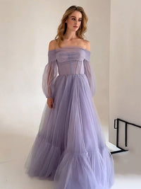 A-Line Tulle Prom Dress Corset Long Sleeve Romantic Evening Dress Ms2601145