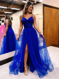 Spaghetti Strap Tulle Prom Dress Corset High Slit Evening Gown Ms2509261