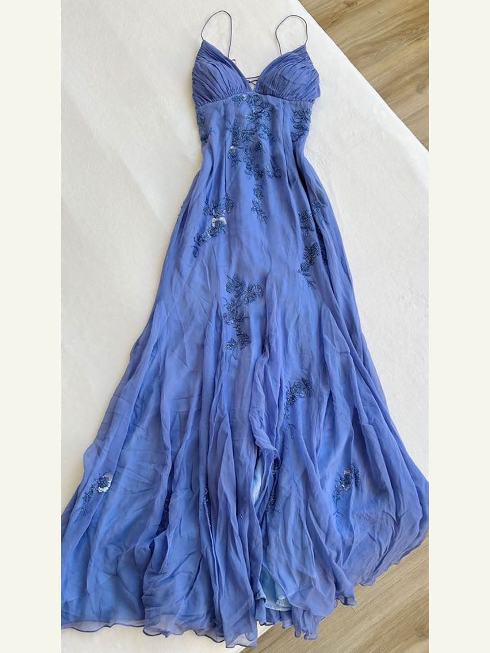 Sequin Beads Chiffon Formal Gown Spaghetti Strap Flowing Slit Prom Dress Ms2506112