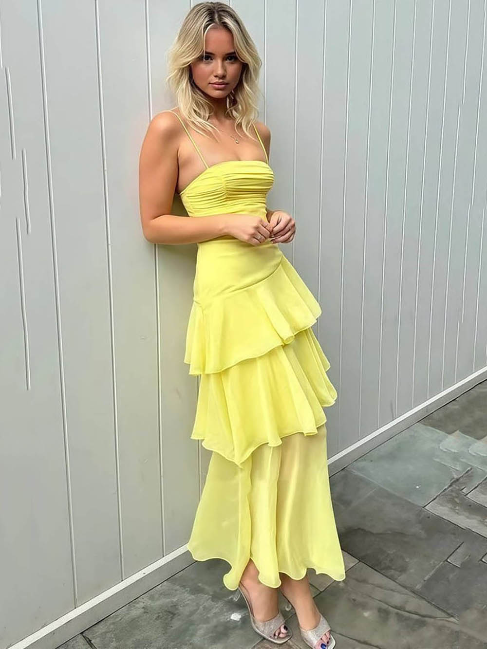 Yellow Prom Dress Spaghetti Strap Layered Evening Gown Lace Up Party Dress Ms2609111