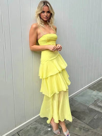 Yellow Prom Dress Spaghetti Strap Layered Evening Gown Lace Up Party Dress Ms2609111