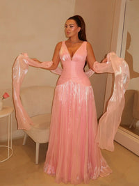 Shimmer Pleated Prom Dress Deep V Neck Corset Formal Evening Gown with Scarf Ms2604147