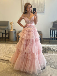 Pink Off Shoulder Evening Dress Tiered Tulle Lace Prom Dress Ms2508232