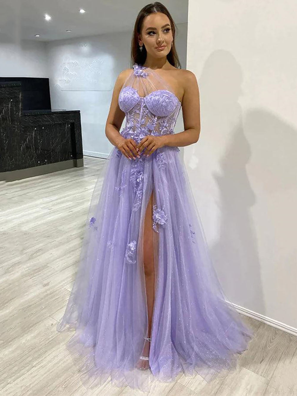 One Shoulder Tulle Evening Gown 3D Floral Applique Corset High Slit Formal Prom Dress Ms2601091