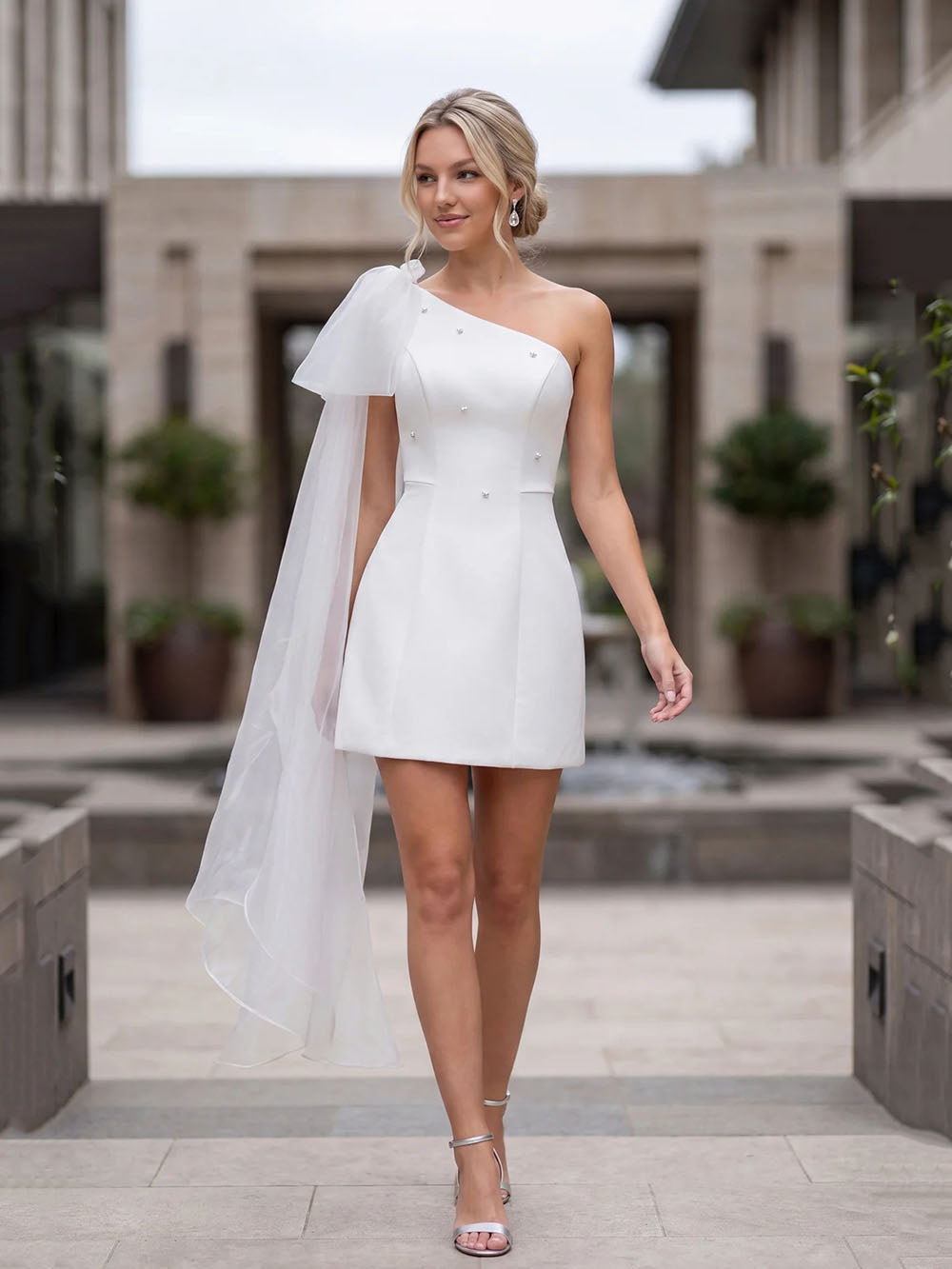 White One Shoulder Short Homecoming Dress Pearl Beading Prom Dress Ms2610296