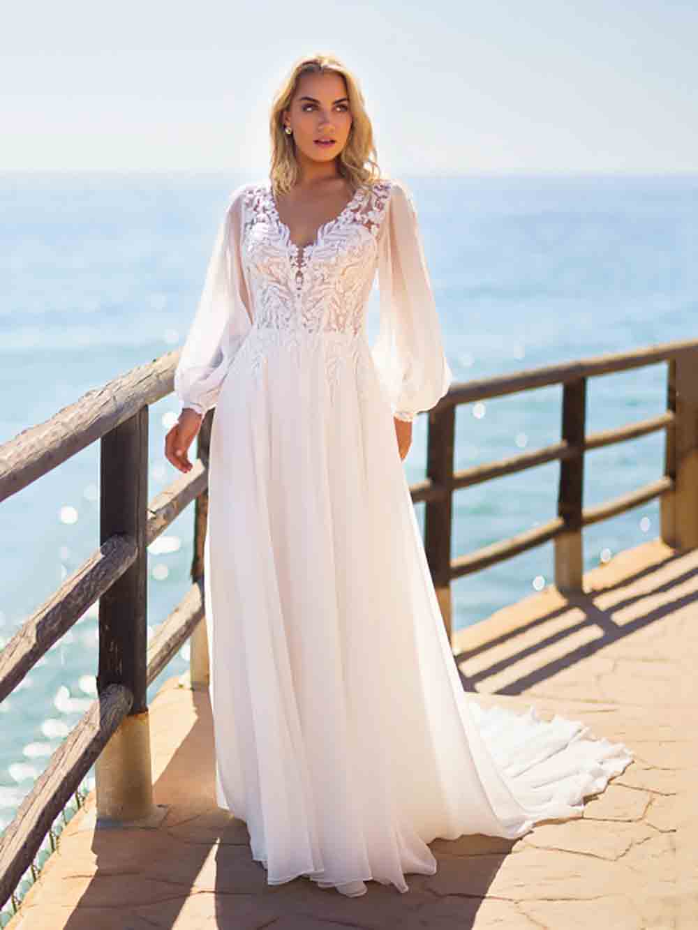 Vestido de novia con apliques de encaje romántico, escote off shoulder, tul en línea A, vestidos de novia Ms2503262