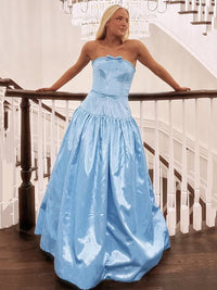 Satin A Line Strapless Bow Princess Prom Dress Long Formal Evening Gown Ms2606074