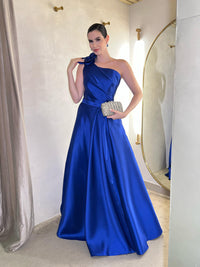 Royal Blue Satin Prom Dress One Shoulder Flower A Line Evening Dress Formal Dress Ms2607071