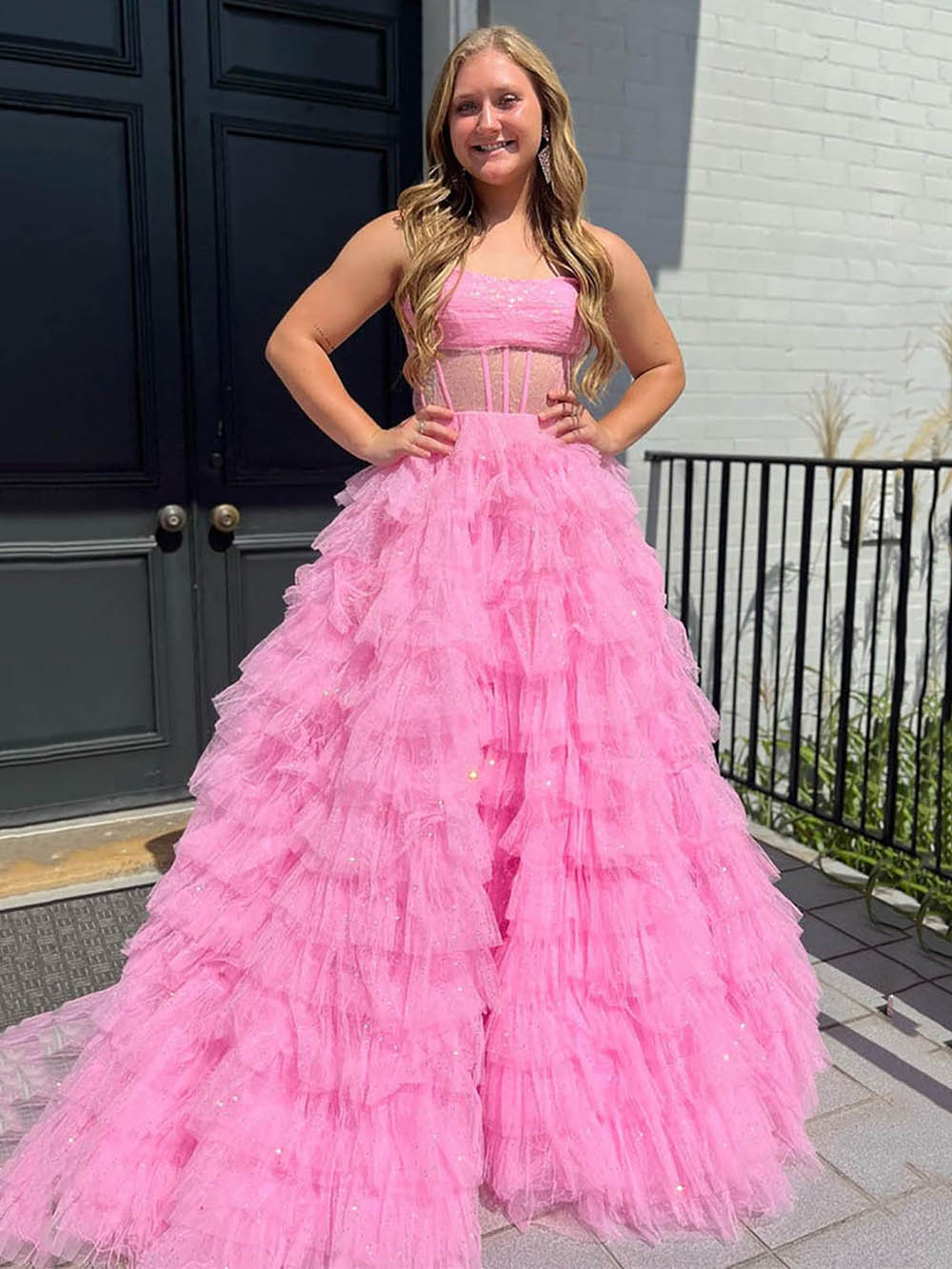 Glitter Prom Dress Strapless Corset Tulle Layered Ruffles Evening Dress Birthday Goown Ms2609136