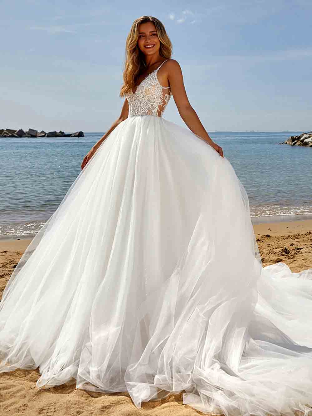 Sparkle Lace Wedding Dresses Spaghetti Strap A Line Tulle Bridal Gown Ms2603014