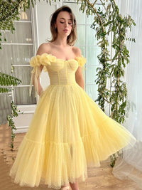Yellow Off Shoulder Midi Prom Dress Polka Dot Tulle Party Dress Ms2508284