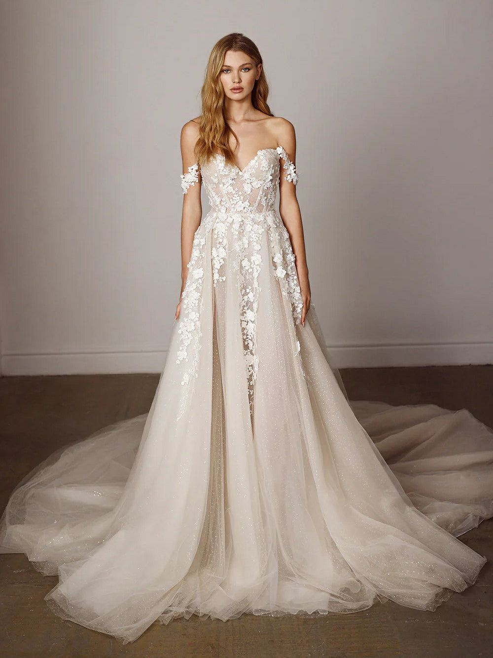 Off-Shoulder 3D Floral Lace Wedding Dress Boho Glitter Tulle Bride Bri – Msikoods Official Store