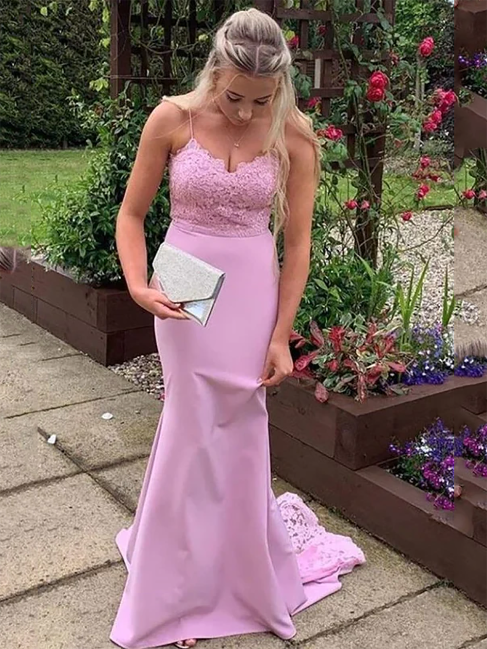 Lace Train Bridesmaid Dress Spaghetti Strap Mermaid Long Prom Dress Ms –  Msikoods Official Store