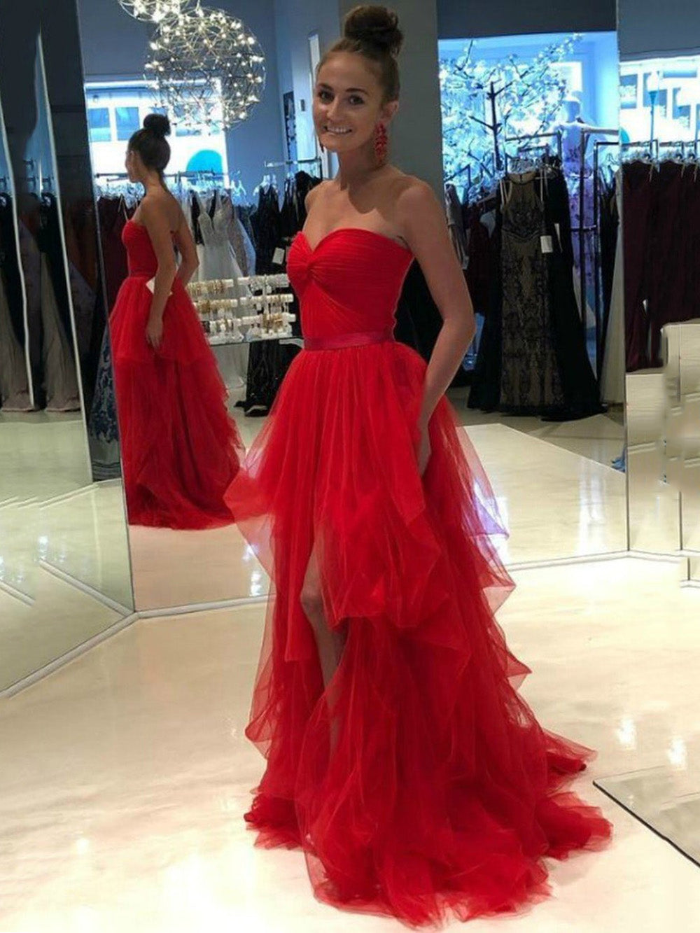 Red Prom Dress Sweetheart Tulle High Slit Evening Gown Ruffle Tiered Formal Party Dress Ms2607241