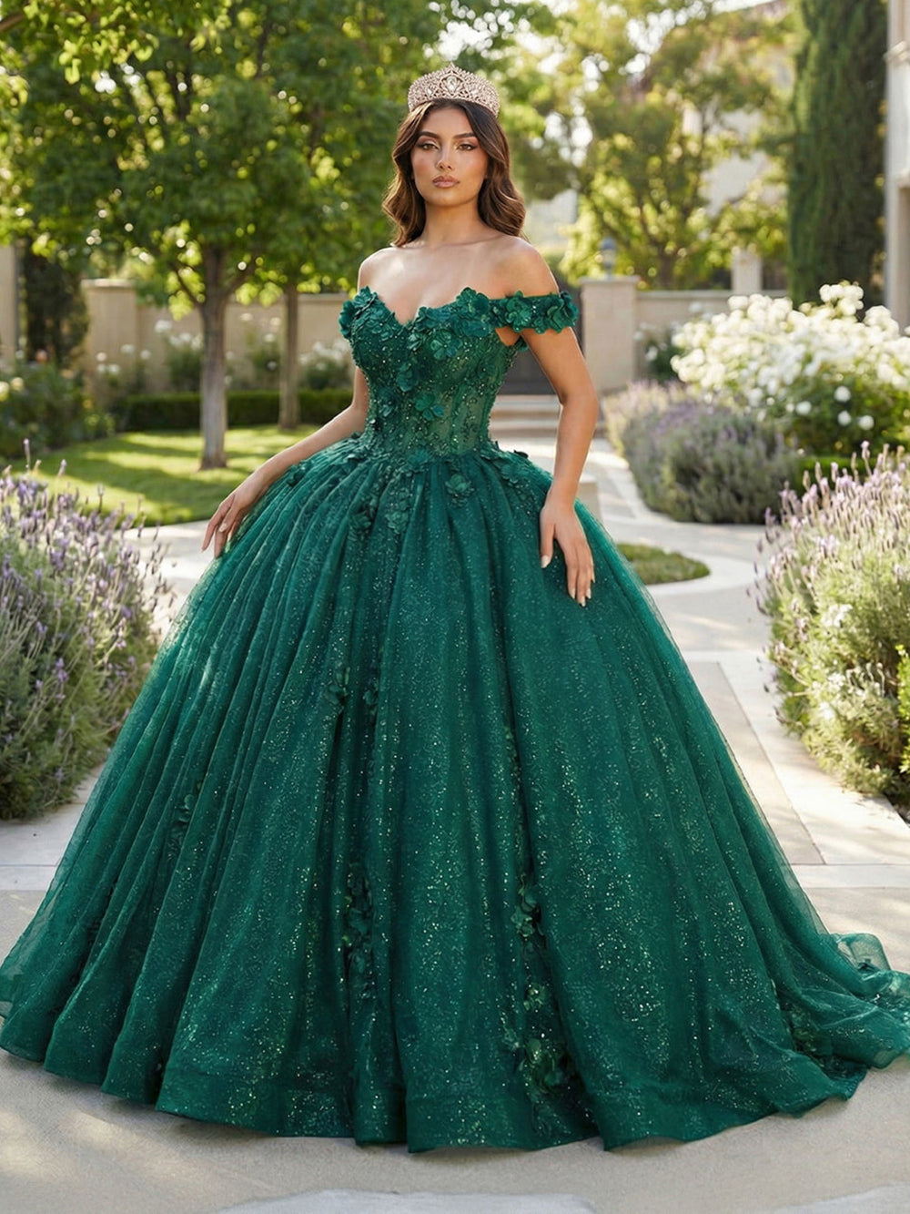 Emerald Green Quinceanera Dress Off Shoulder Floral Applique Glitter Q – Msikoods Official Store