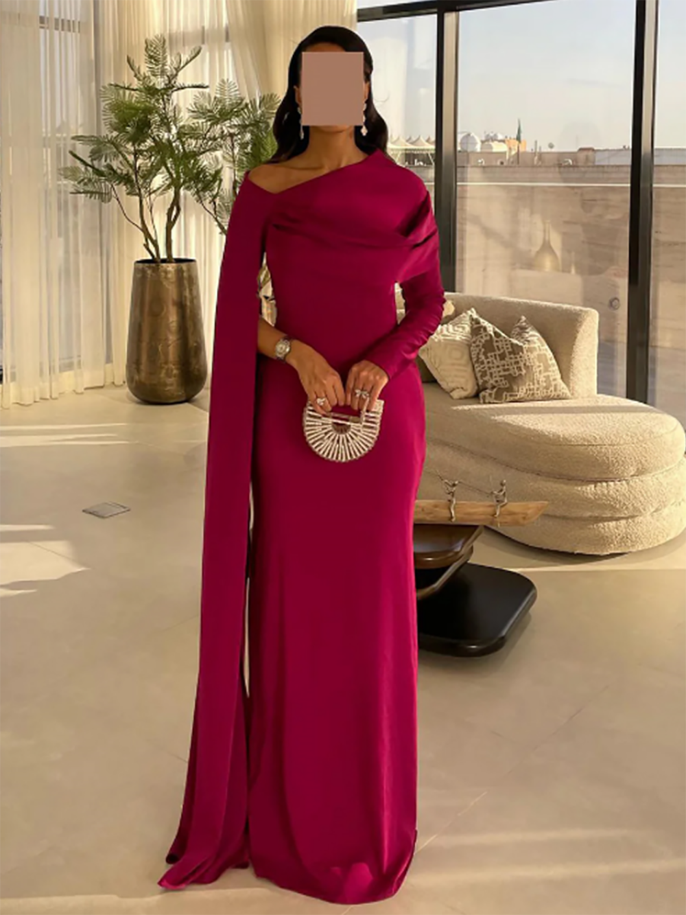 Off Shoulder Formal Gown Cape Maxi Prom Dress Evening Dress Wedding Guest Party Dress Ms2505083