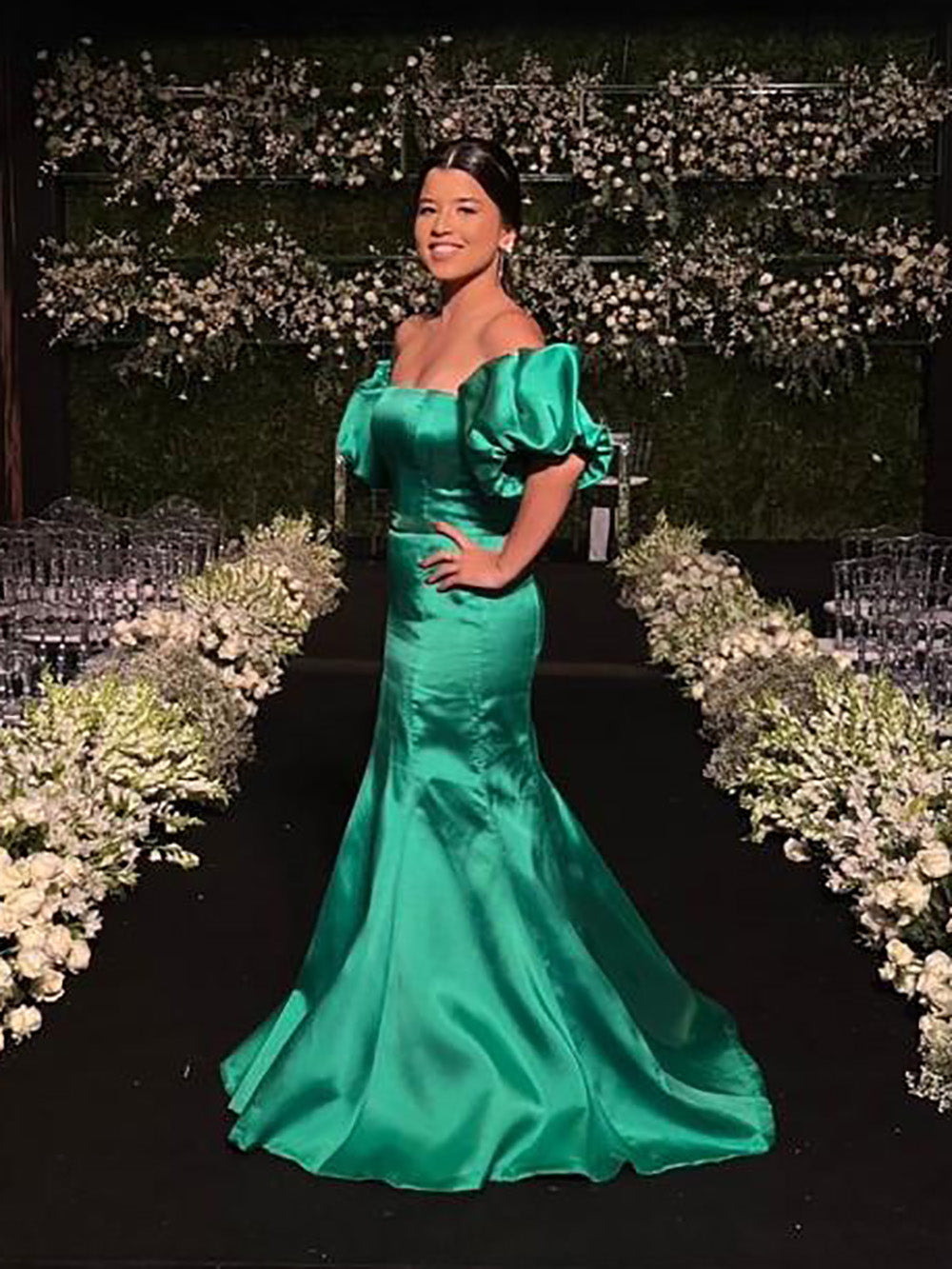 Mermaid Prom Dress Satin Off Shoulder Puff Sleeve Backless Formal Evening Gown Ms2607206