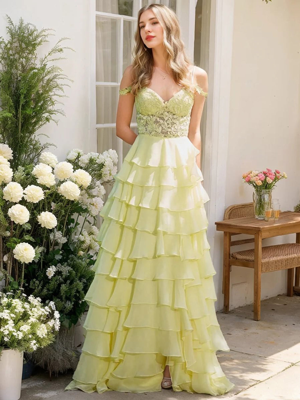 Lace Appliques Prom Dress Off Shoulder Tiered Spaghetti Strap Princess Evening Dress Ms2606153