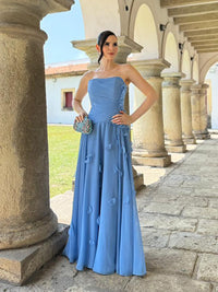 Strapless Evening Dress A Line Chiffon Floor Length Floral Appliques Prom Dress Ms2607012