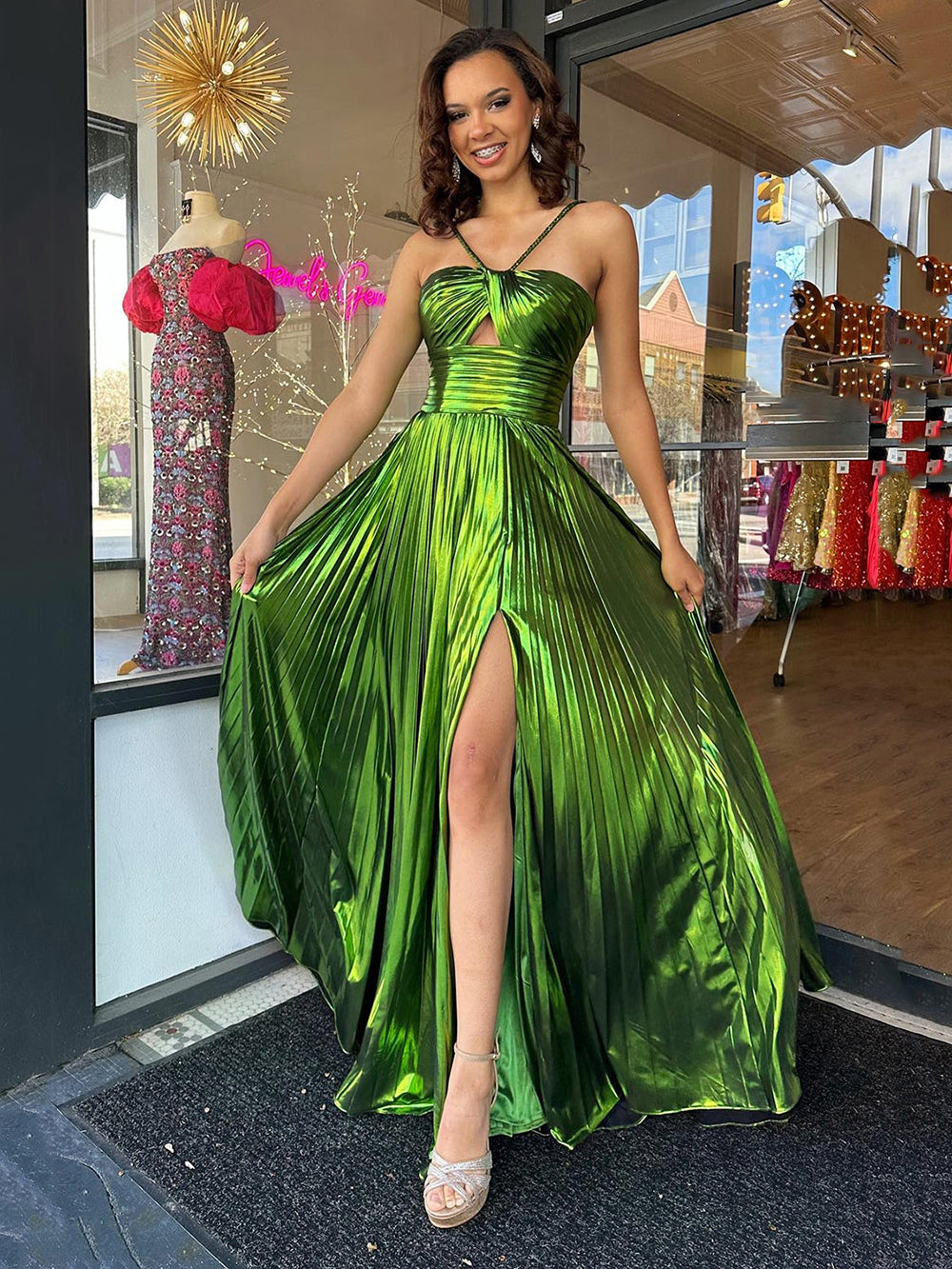 Pleated Prom Dresses Spaghetti Strap Sexy High Slit Shiny Evening Gown Ms25111442