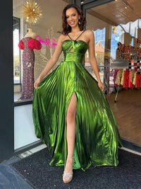 Pleated Prom Dresses Spaghetti Strap Sexy High Slit Shiny Evening Gown Ms25111442
