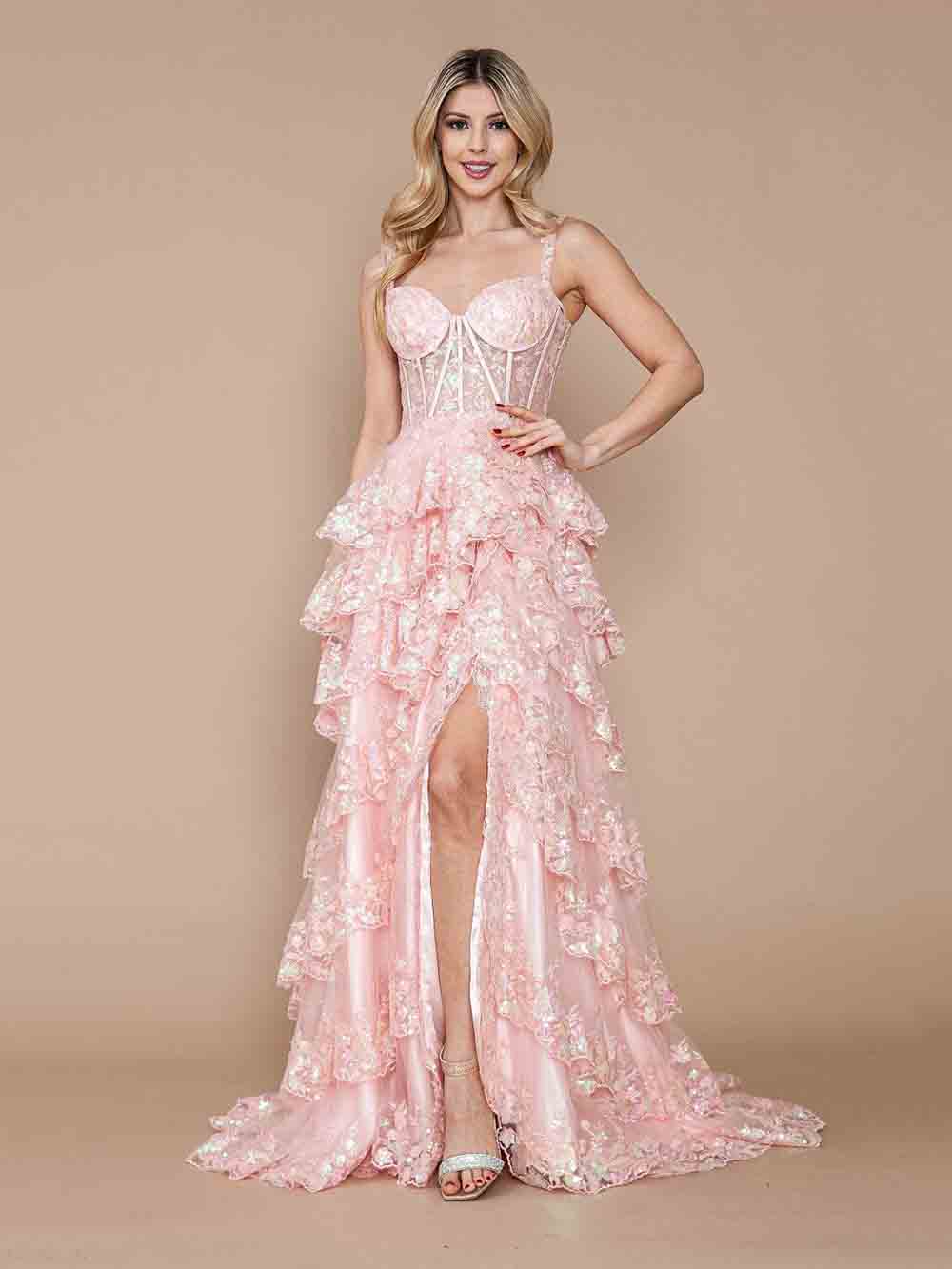 Tiered Prom Dress Lace Appliques Corset High Slit Formal Evening Gown Ms2601292