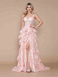 Tiered Prom Dress Lace Appliques Corset High Slit Formal Evening Gown Ms2601292